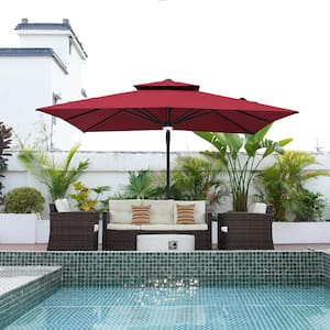 10 ft. x 10 ft. Square Aluminum 360-Degree Rotation Cantilever Patio Umbrella with Base/Stand in Red for Garden Balcony