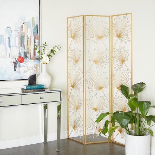 Litton Lane 6 ft. Gold 3 Panel Floral Hinged Foldable Partition Room Divider Screen with Crystal Embellishments