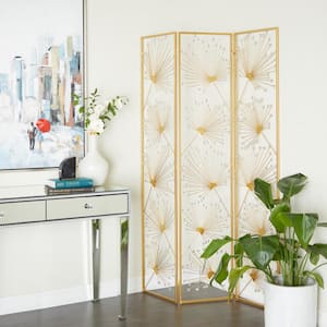 6 ft. Gold 3 Panel Floral Hinged Foldable Partition Room Divider Screen with Crystal Embellishments