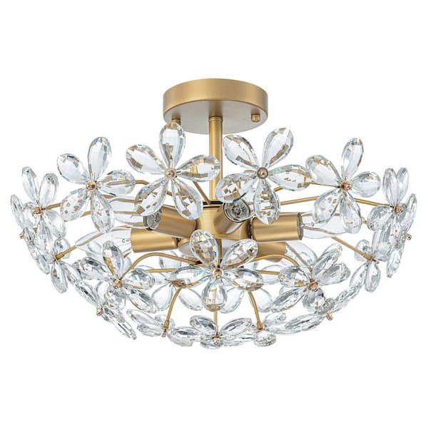 18 in. Gold Flush Mount Crystal Ceiling Light, 6-Light Chandelier Fixture for Bedroom, Living Room, Hallway, Entryway