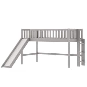 Gray Twin Size Low Loft Bed with Ladder and Slide
