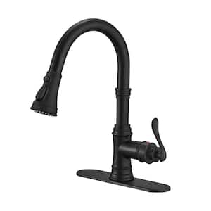 Single-Handle Deck Mount Gooseneck Brass Pull Down Sprayer Kitchen Faucet with Deckplate in Matte Black