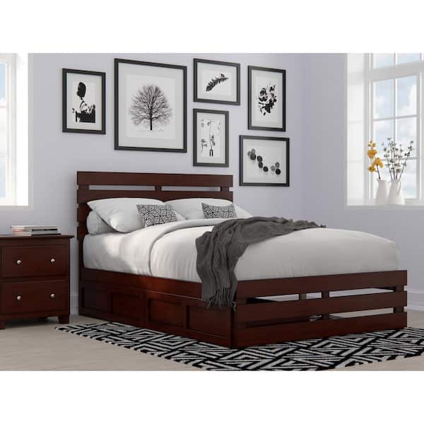 AFI Oxford Walnut Full Solid Wood Storage Platform Bed with Footboard and USB Turbo Charger with 2 Drawers