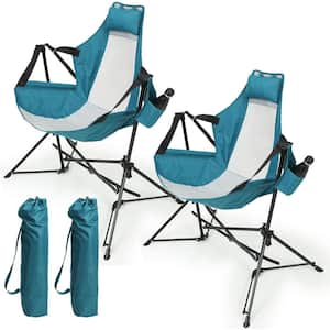Set of 2 Blue Metal Folding Lawn Chair, Camping Chair with Cup Holder and Carry Bag