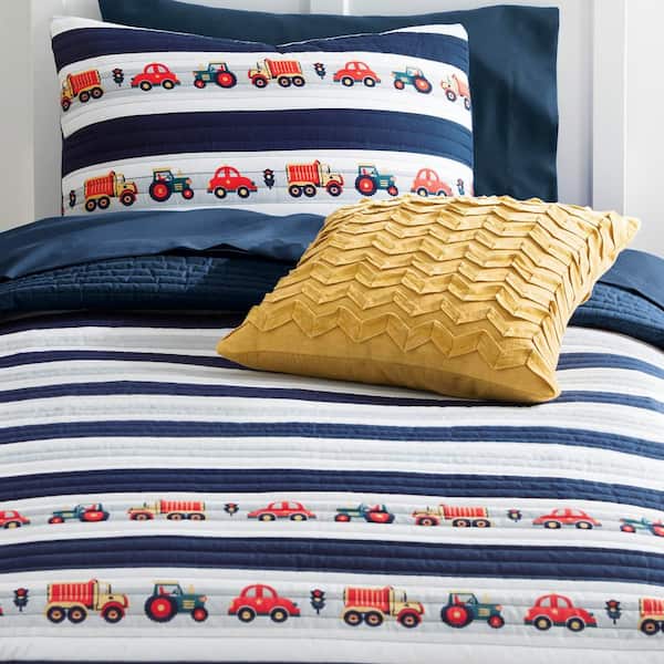 StyleWell Kids 3-Piece Multi-Color Trucks and Cars Printed Stripe Cotton Full/Queen Quilt Set