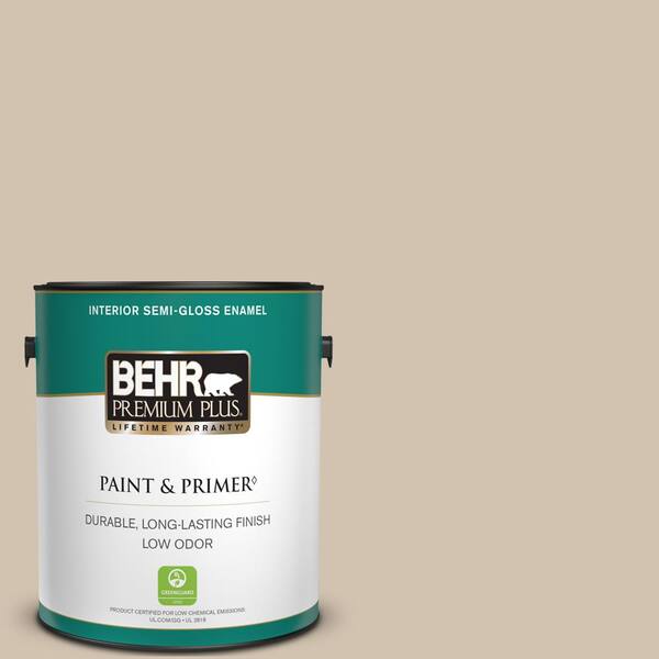 BEHR PREMIUM PLUS 1 gal. Home Decorators Collection #HDC-AC-04 Avenue Tan Semi-Gloss Enamel Low Odor Interior Paint & Primer