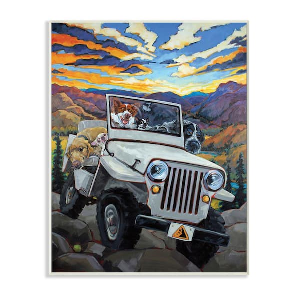 Stupell Industries "Dogs Off-Roading Desert Drive Mountain Sunset" by CR Townsend Unframed Animal Wood Wall Art Print 13 in. x 19 in.