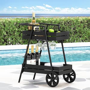 Black Metal Outdoor Bar Mobile Serving Cart with 3-Bottle Wine Rack and Glass Holders - 17" x 27.25" x 31.75"