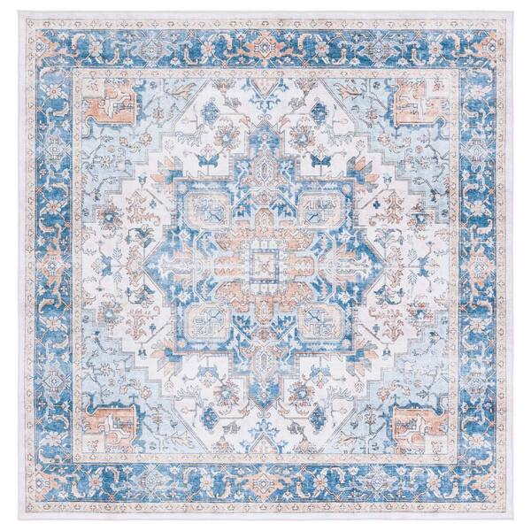 SAFAVIEH Arizona Patina Blue/Beige 6 ft. x 6 ft. Distressed Border Ornate Machine Washable Square Area Rug