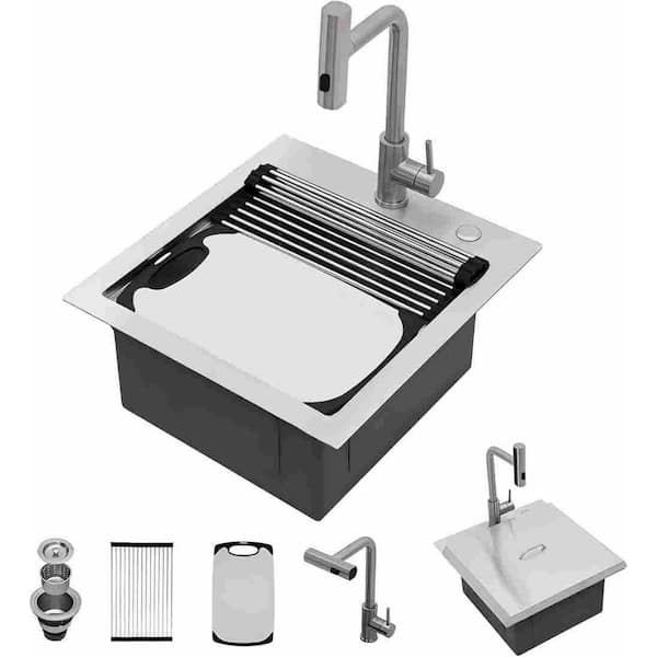 19 in. Drop-in/Topmount Single Bowl 16 Gauge Stainless Steel Workstation Kitchen Sink with Faucet and Bottom Grid