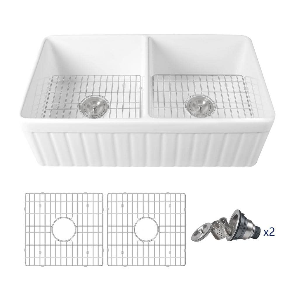 Nova 33" White Fireclay Double Basin Farmhouse Sink