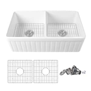 33 in. Farmhouse Apron Front Double Bowl Kitchen Sink in White Fireclay, Grids and Strainer Included