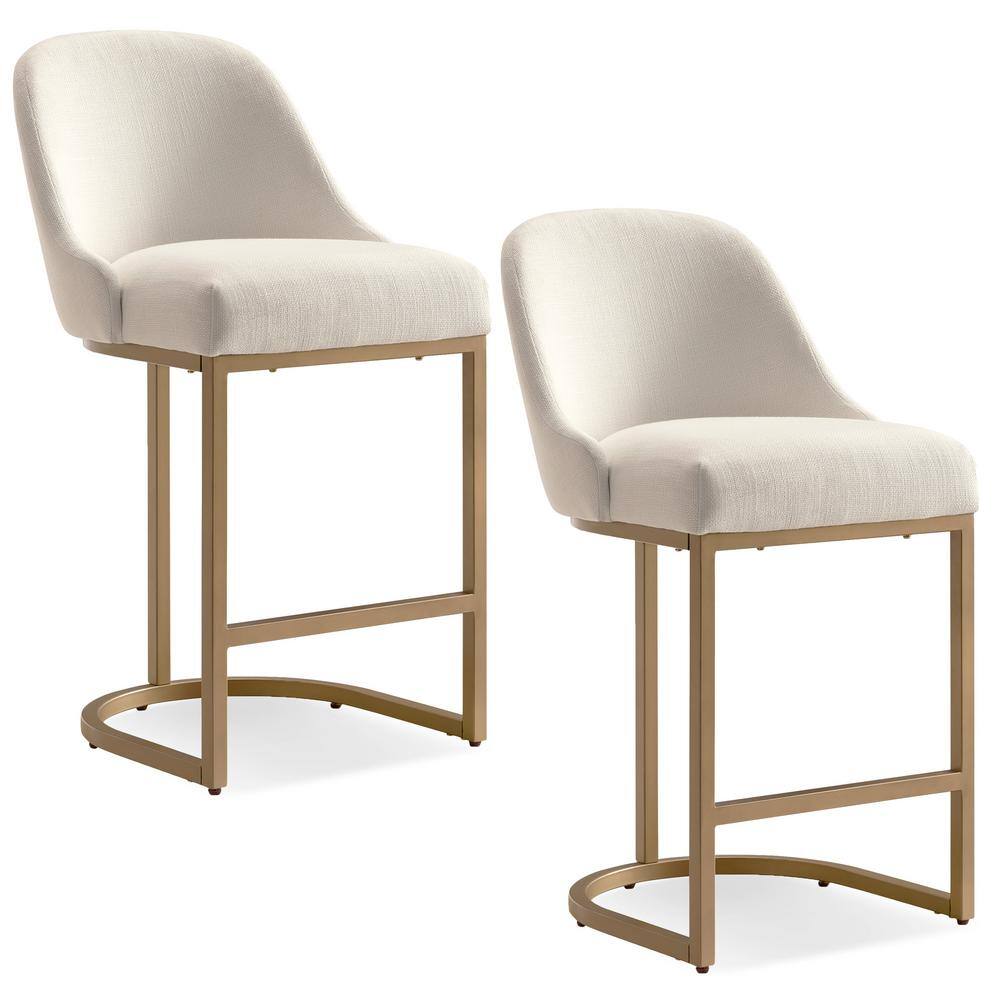 Elegant White Linen & Gold Metal Barrelback Counter Stool, Set of 2