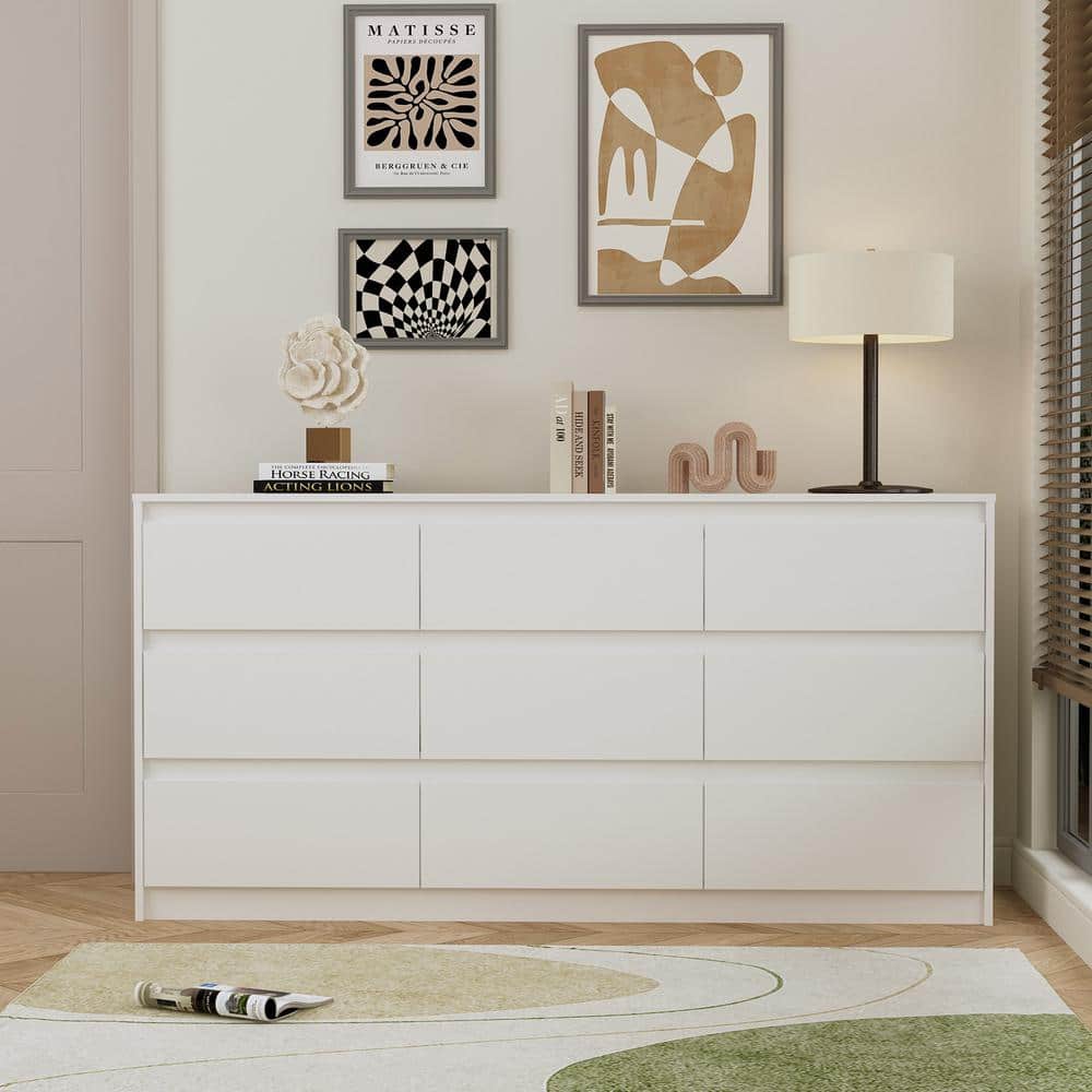 White MDF 9-Drawer Modern Bedroom Dresser