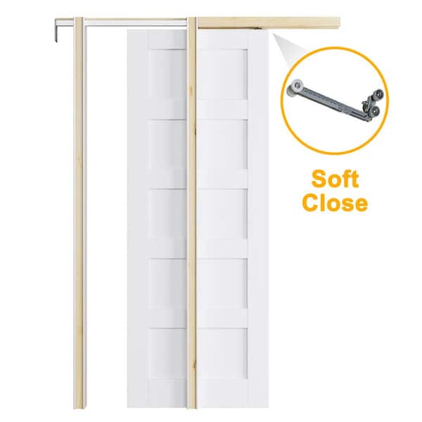 ARK DESIGN 30 in. x 80 in. 5-Lite White Primed Solid Core Door Slab with Wood Pocket Door Frame and Hardware (Soft Close Included)