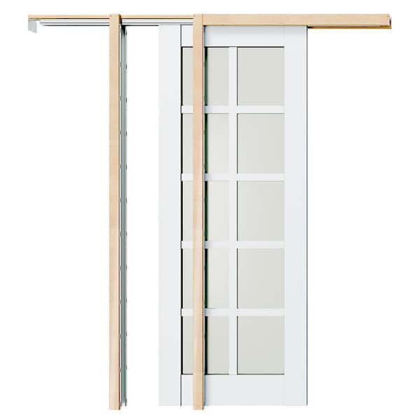 64 in.x 80 in. 10-Lite, Pre-Assembled Panel, Tempered Frosted MDF, White Primed Pocket Door Frame with Hardware