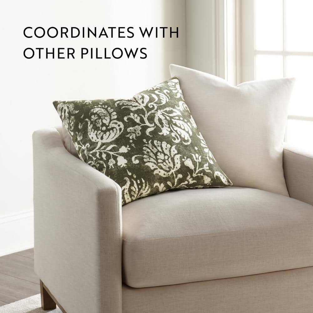 Olive Green Cotton Square Throw Pillow with Floral Pattern