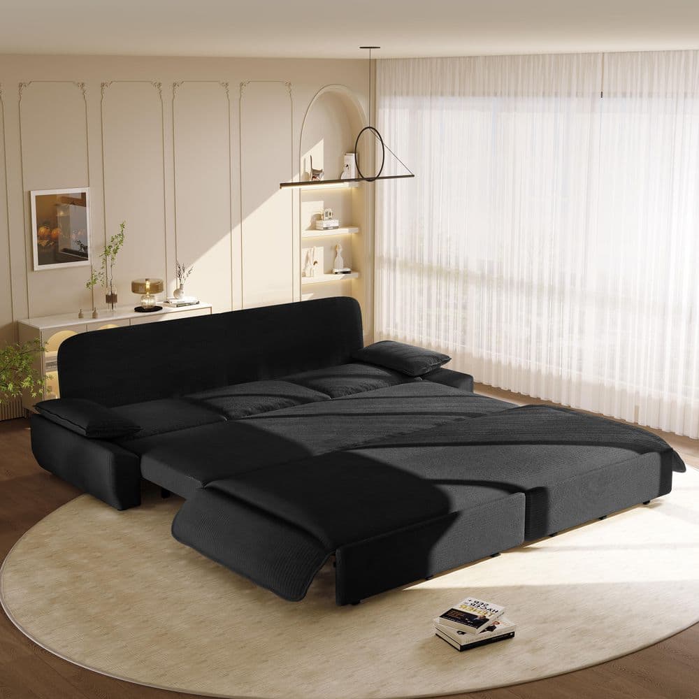 94.5 in. Black Corduroy King Size Pull-Out Sofa Bed, 3-in-1 Convertible Sleeper Sofa with Side Storage
