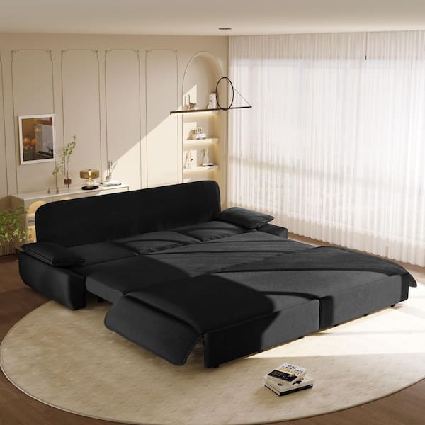 94.5 in. Black Corduroy King Size Pull-Out Sofa Bed, 3-in-1 Convertible Sleeper Sofa with Side Storage
