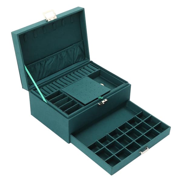 YIYIBYUS 9.45 in. x 6.69 in. Dark Green 3-Layers Flannel Jewelry Storage Box