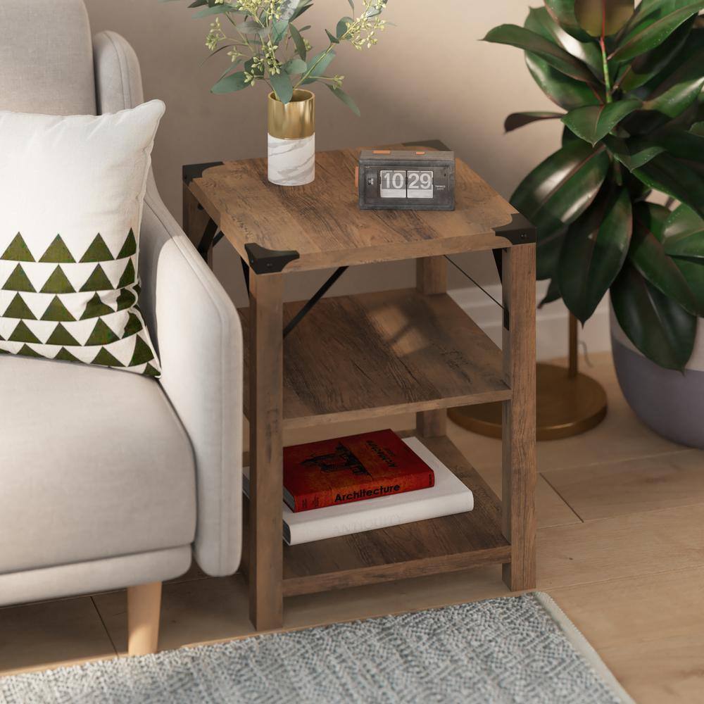 Rustic Oak and Metal 3-Tier Square End Table