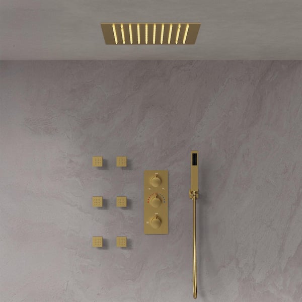 LED 12 in. 5-Spray Ceiling Mount Dual Fixed and Handheld Shower Head with Body Jets 2.5 GPM in Brushed Gold