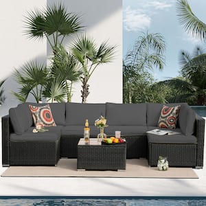 7-Piece PE Black Wicker Outdoor Sectional Sofa Set Patio Conversation Set with Gray Cushions
