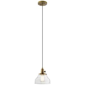 Avery 8 in. 1-Light Natural Brass Farmhouse Shaded Kitchen Bell Mini Pendant Hanging Light with Clear Seeded Glass