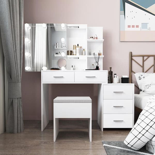 2-Piece White Makeup Vanity Set with 5-Drawer 2-Tier Sliding Door Mirrored Cabinet