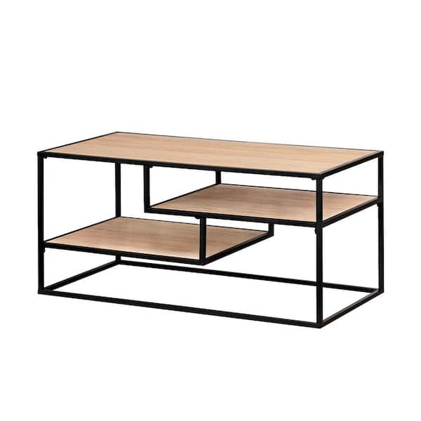 40 in. Coastal Oak/Black Metal Modern Rectangle Coffee Table with 2-Shelves