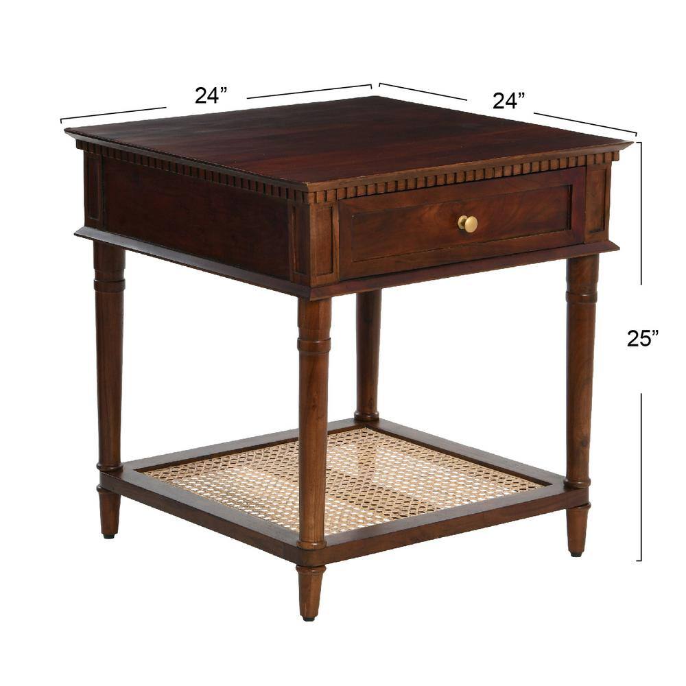 Dark Chestnut Solid Wood End Table with Cane Shelf and Drawer