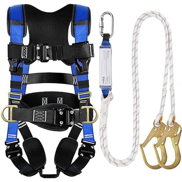Full Body Safety Harness Fall Protection Kit with Lanyard, Quick Buckles, D-Rings, Comfortable Design, OSHA Compliant