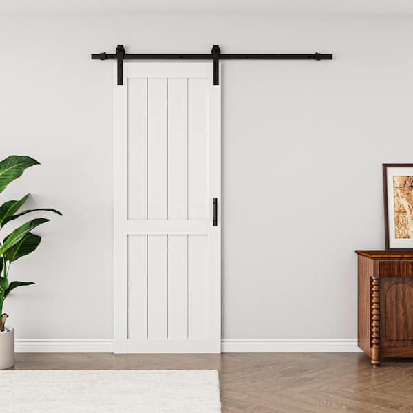 30 in. x 84 in. White Paneled H Style White Primed MDF Sliding Barn Door with Soft Close and Hardware Kit