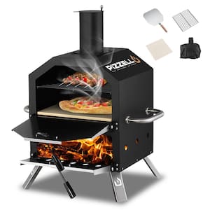 Wood Fired 2-Layer Pizza Ovens Outdoor Pizza Oven Outside Pizza Maker with Stone for Camping Backyard BBQ, 12 in. Black