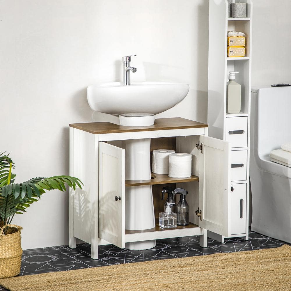 Antique White Freestanding Bathroom Sink Cabinet with Dark Wood Top