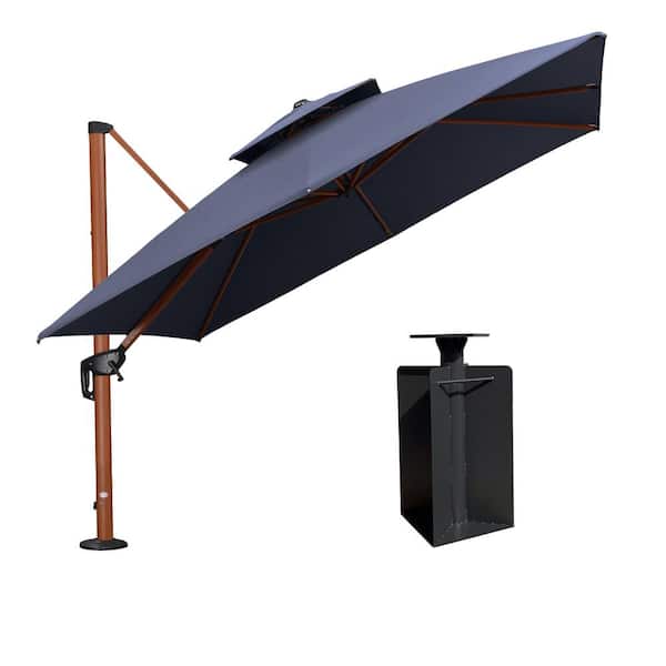 PURPLE LEAF 10 ft. Sunbrella Aluminum Square 360° Rotation Wood Pattern Cantilever Outdoor Umbrella With Base in Ground, Navy Blue
