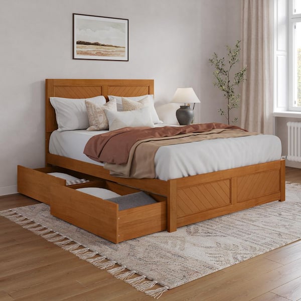 Canyon Light Toffee Natural Bronze Solid Wood Frame Queen Platform Bed with Matching Footboard and Storage Drawers