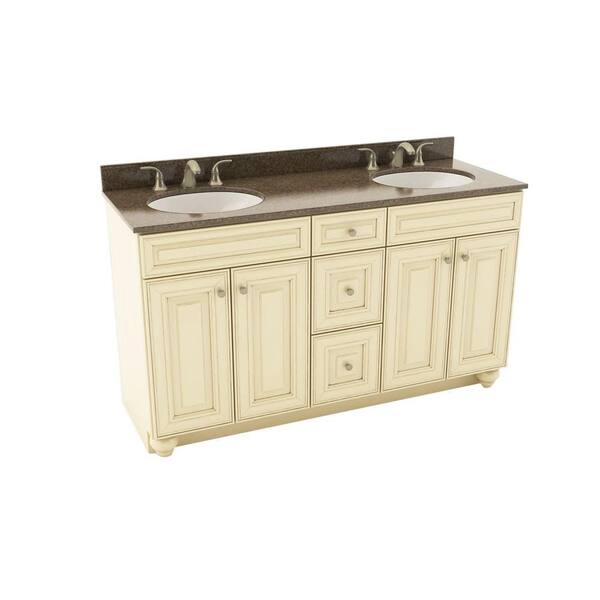 American Woodmark Savannah 61 in. Vanity in Hazelnut with Silestone Quartz Vanity Top in Kimbler and Oval White Double Sink