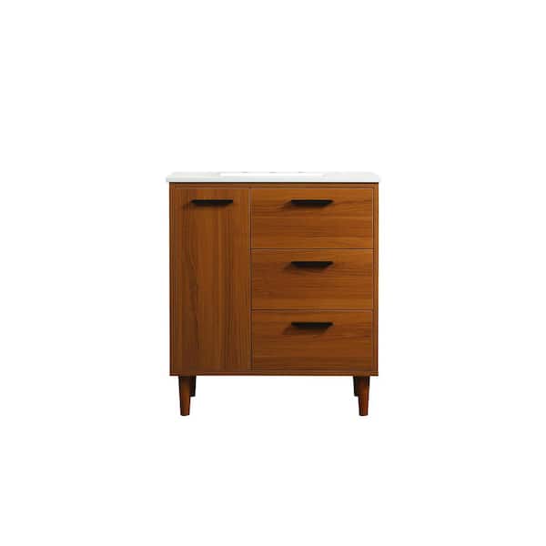 Unbranded Simply Living 30 in. W x 19 in. D x 34 in. H Bath Vanity in Teak with Ivory White Engineered Marble Top