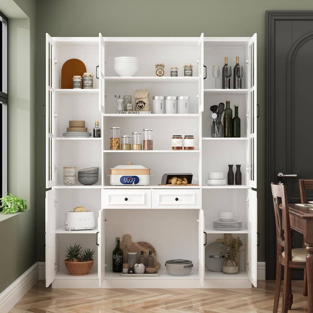 White Gloss 78.7" Kitchen Pantry Cabinet with Glass Doors and Drawers