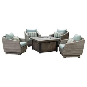Cannes 5-Piece Wicker Patio Fire Pit Conversation Set with Bliss Blue Cushions