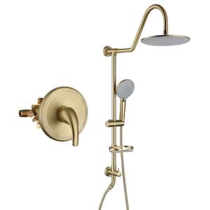 3-Spray Patterns with 1.8 GPM 10 in. Wall Mount Dual Shower Heads with Soap Dish and Rough-in Valve in Brushed Gold