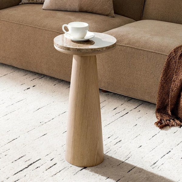 Ophira 11.75 in. Oak Round Marble End Table with Oak Veneer