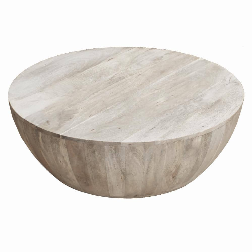 36 Inch Round Mango Wood Coffee Table  Subtle Grains  Distressed White- Saltoro Sherpi