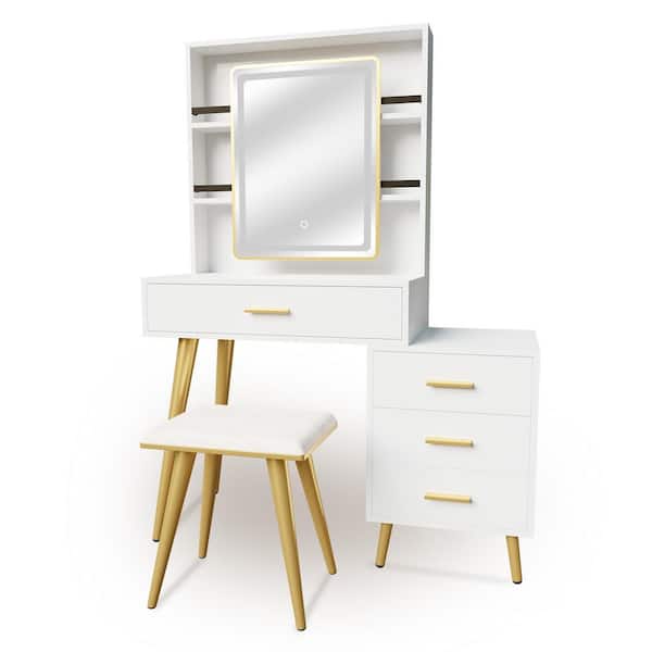 NEUTYPE White Makeup Vanity Set with Rectangular LED Mirror (55 in. H x 31.5 in. W x 15.7 in. D)