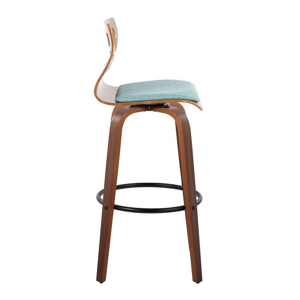 Teal Fabric Walnut Wood Black Metal Swivel Barstool Set