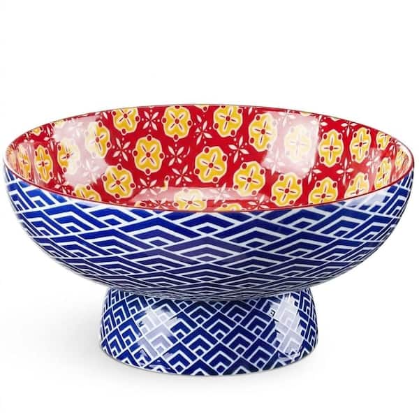 10 in Ceramic Fruit Basket with Detachable Base and Drainage, Large Colorful Pedestal Snack Bowl in Blue