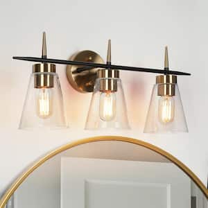 23 in. 3-Light Modern Brass Gold Vanity Light, Black Industrial Bathroom Wall Sconce with Cylinder Clear Glass Shades