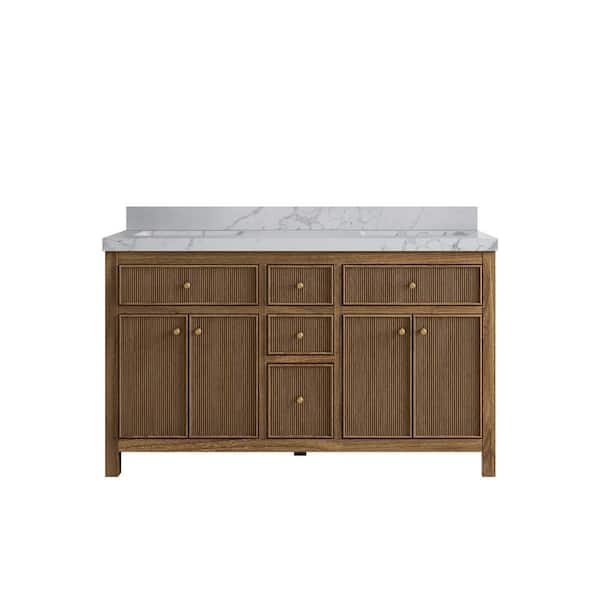 Willow Collections Sonoma Teak 60 in. W x 22 in. D x 36 in. H Double Sink Bath Vanity in Dark Natural with 2" Venatino Quartz Top