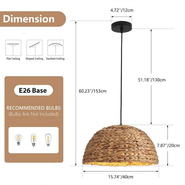 TinHon Boho Rattan Pendant Light 15.7 in. Natural Woven Dome
